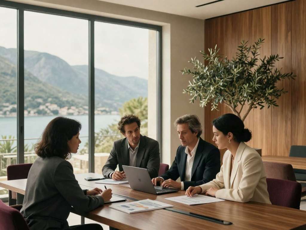 Consultants discussing business strategy in a sunlit coastal office